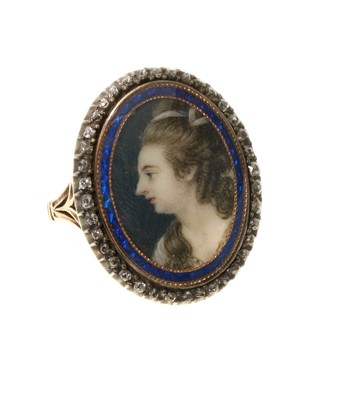 Lot George III ring with an oval portrait miniature on ivory depicting the bust of a young lady, with a blue guilloché enamel border, beneath a glazed bezel surrounded by a further border of old cu...