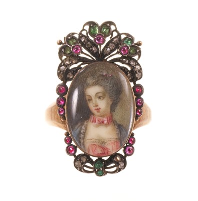 Lot Antique French ring with a portrait miniature on ivory depicting the bust of a young lady, the oval glazed bezel surmounted by pierced cresting and framed with diamonds, rubies and emeralds, on...
