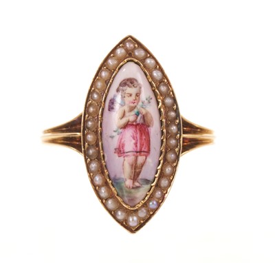 Lot Victorian enamel and seed pearl ring, the navette shape enamel plaque depicting Cupid, with a seed pearl border, pierced gallery with trifurcated shoulders on reeded gold shank, ring size approx...