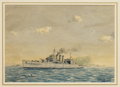 Lot *Derek George Montague Gardner (1914-2007) watercolour - H.M.S. Suffolk off Gibraltar, signed and dated 1943, glazed frame