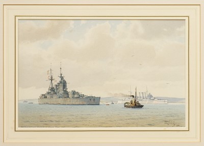 Lot *Derek George Montague Gardner (1914-2007) watercolour - The H.M.S. Rodney and Norfolk at Scapa Flow 1941, signed and dated 1988
