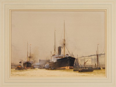 Lot 1092 - *Martyn Richardson Mackrill (b.1962) watercolour - Swallow at Anchor by the Customs House, Pool of London, signed and dated ‘87, glazed frame