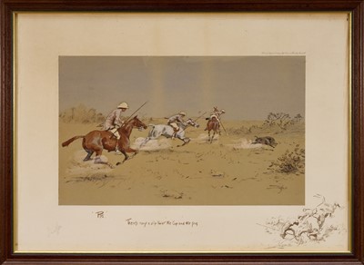 Lot *Snaffles, Charles Johnson Payne (1884-1967) signed hand-coloured print - 'Pig', "There's many a slip twixt the 'cup' and the pig", with Snaffle blindstamp, published by Messrs Fores 1913, 46.5cm...