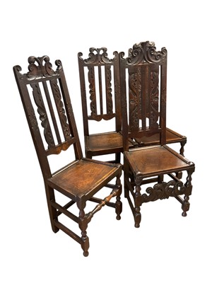 Lot 1453 - Set of four 17th century and later oak dining chairs...