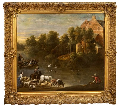 Lot Manner of Michiel Carré (1657-1727) oil on canvas - Busy River Landscape, 111cm x 124cm, in gilt frame