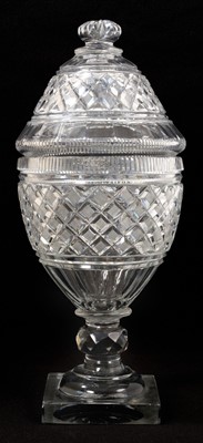 Lot Large Regency cut glass vase and cover, diamond cut with fluted borders, on square base, of dark metal, 36.5cm high