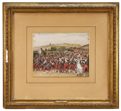 Lot 1146 - Attributed to Frédéric Regamey (1849-1925) ink and watercolour - Marching Soldiers, inscribed verso, 26cm x 34cm, in glazed gilt frame.