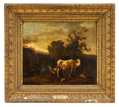 Lot Attributed to Jan Baptist Kobell (1778-1814) oil on panel - Livestock in a Landscape, 40cm x 46cm, in gilt frame. Provenance: The Rt. Hon. James Hozier, 2nd Baron Newlands, of Newlands a...