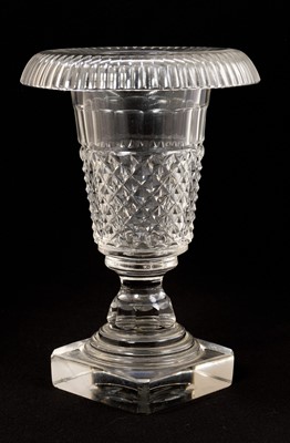 Lot 19th century cut glass urn with downturned rim, on canted square base, 25cm high