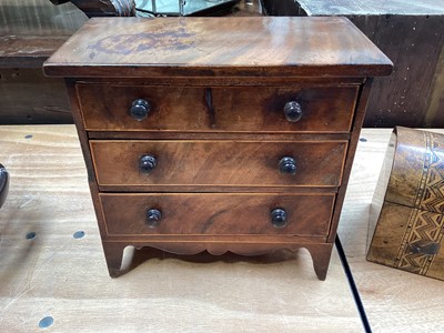 Lot 5069 - Georgian style mahogany miniature chest of three drawers, 28cm tall x 29cm wide x 15cm deep together with a tea caddy