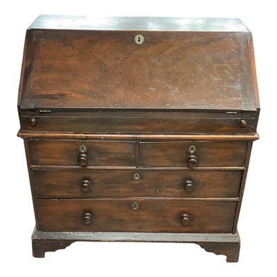 Lot 1491 - Rare George I pine bureau, in two parts, the upper section with hinged fall front enclosing a fitted stepped interior of drawers, pigeon holes and secret compartments about central cupboard with...