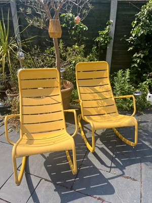 Lot Pair of Fermob Luxembourg Lounge garden metal rocking chairs (new retail price approximately £709 each)