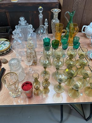 Lot 5094 - Group of antique and later glassware, including a Bohemian cut glass goblet engraved with cameos of German landmarks, collection of roemer glasses, decanters, etc