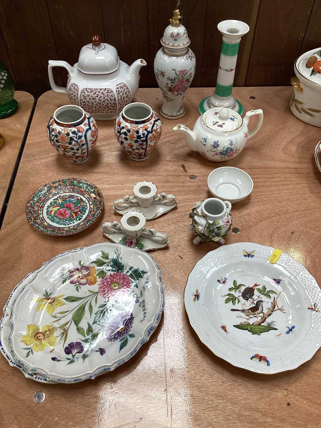 Lot 5095 - Group of continental ceramics, including a Herend bird plate, two Nove faience dishes, Samson vase, pair of Japanese Imari vases, etc