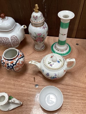 Lot 5095 - Group of continental ceramics, including a Herend bird plate, two Nove faience dishes, Samson vase, pair of Japanese Imari vases, etc