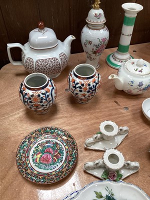 Lot 5095 - Group of continental ceramics, including a Herend bird plate, two Nove faience dishes, Samson vase, pair of Japanese Imari vases, etc