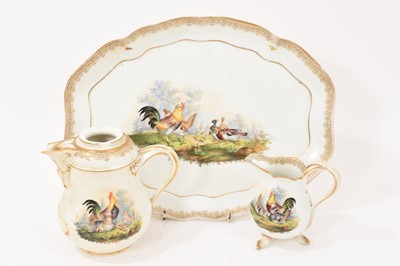 Lot 339 - 19th century Meissen tray, painted with cockerels and a gilt border, with matching coffee pot and milk jug, the tray 36cm wide