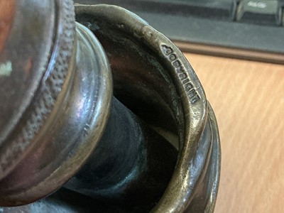 Lot 49 - Early 20th century Bruce Bairnsfather 'Old Bill' brass car mascot, stamped signature 'Bruce Bairnsfather' to the reverse, also stamped Reg. No. 669204, copyright to underside, mounted on a turne...