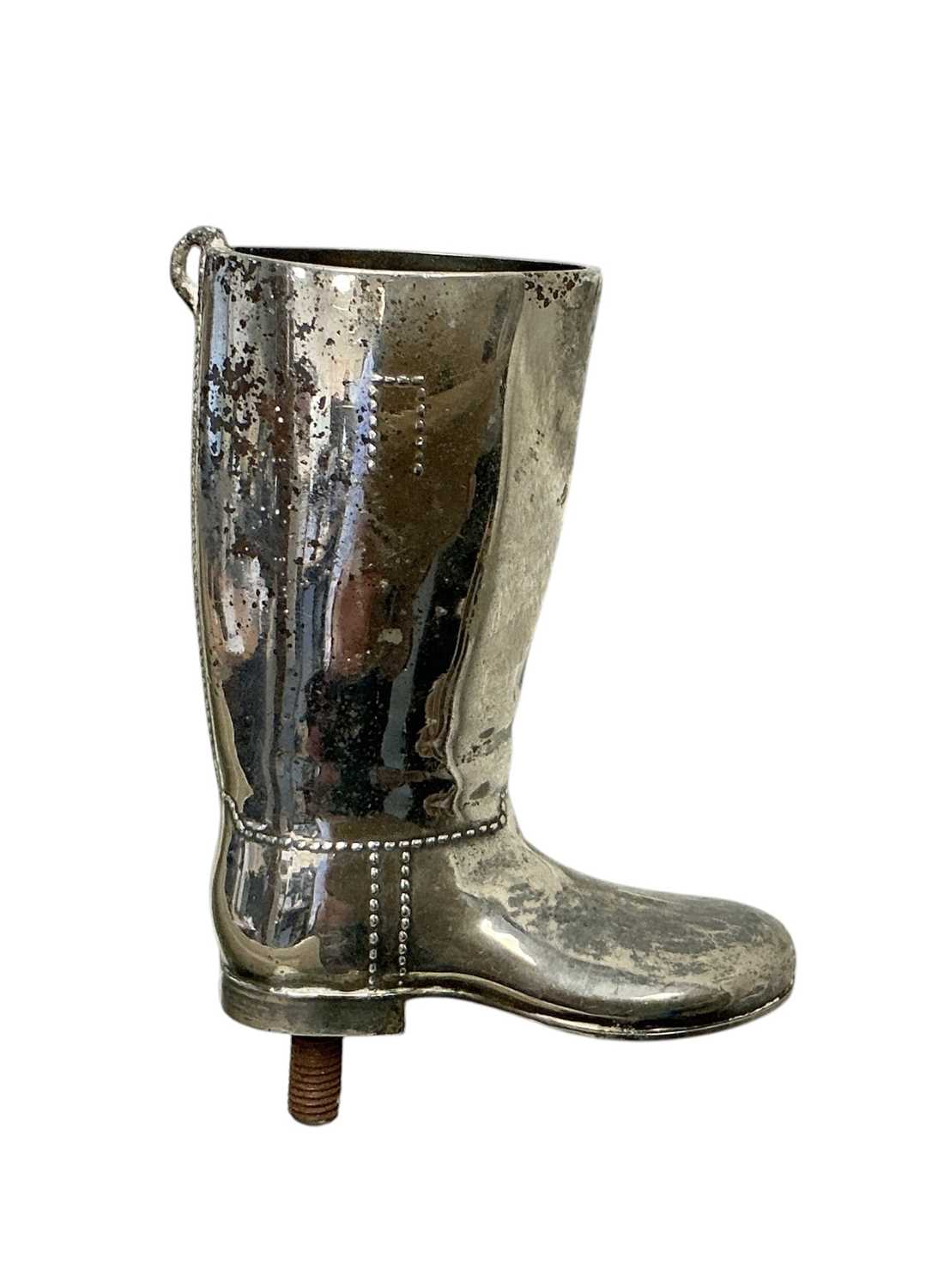Lot 56 - Vintage silver plated car mascot in the form of a boot, stamped to base 'Made in England Silver Plated', with screw fitting, 8.5cm in length (excluding fitting)