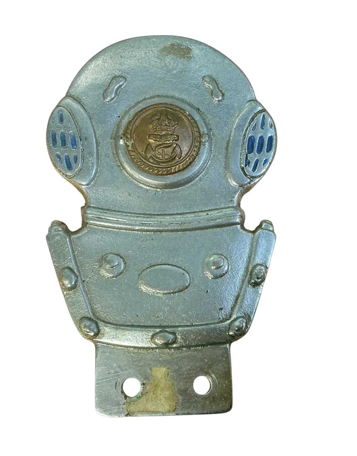 Lot 61 - Unusual vintage car badge in the form of a diving helmet, mounted with a Royal Navy button