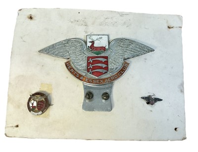 Lot 64 - Scarce Herts & Essex Aero Club chromium and enamel car badge, together with a pin badge dated 1931 and one other badge (3)
