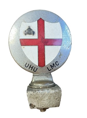 Lot 65 - Vintage chromium and enamel car badge, believed to be for a Motor Club, featuring a St Georges Cross, above lettering 'UHU LMC', stamped to reverse Collins, London