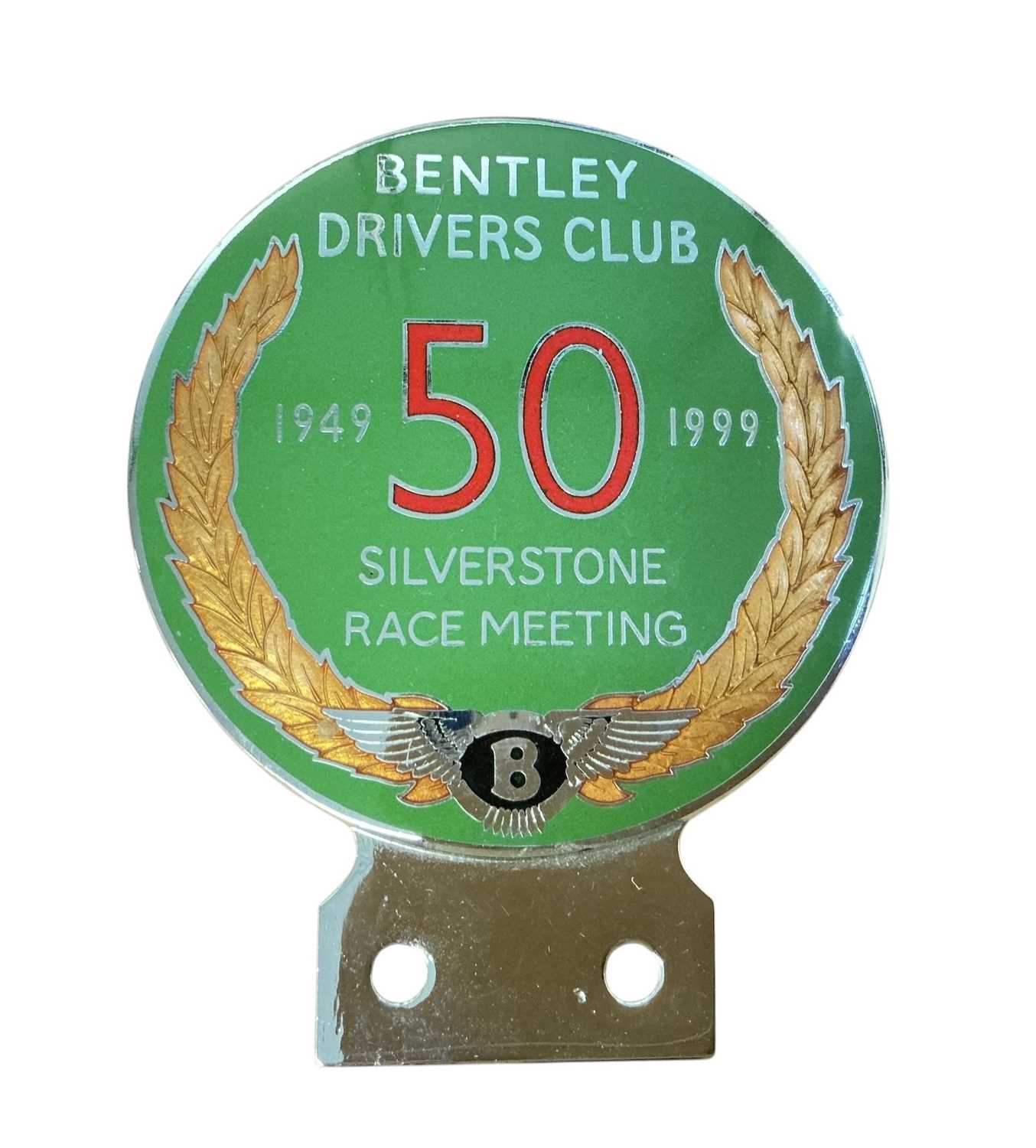 Lot 66 - Chromium and enamel Bentley Drivers Club Silverstone Race Meeting 50th Anniversary car badge, 1949-1999, stamped to reverse Gladman & Norman Ltd, Birmingham, with cardboard box