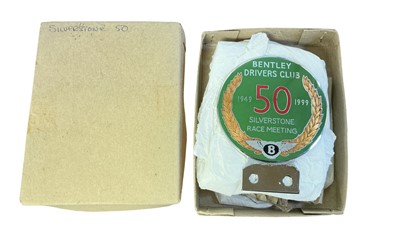 Lot 66 - Chromium and enamel Bentley Drivers Club Silverstone Race Meeting 50th Anniversary car badge, 1949-1999, stamped to reverse Gladman & Norman Ltd, Birmingham, with cardboard box