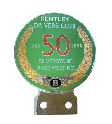 Lot 67 - Chromium and enamel Bentley Drivers Club Silverstone Race Meeting 50th Anniversary car badge, 1949 - 1999, stamped to reverse Gladman & Norman Ltd, Birmingham, with cardboard box
