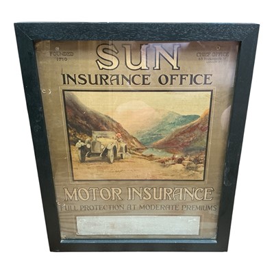 Lot 127 - Original 1920s Sun Alliance Insurance poster decorated with vintage car touring scene, mounted in a glazed frame, 54.5 x 45cm (excluding frame)