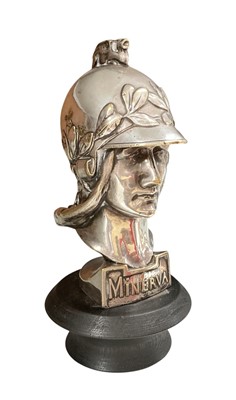 Lot 122 - Fine vintage silver plated car mascot modelled as Goddess Minerva's head, on a turned wood plinth, 15cm in height (excluding base)