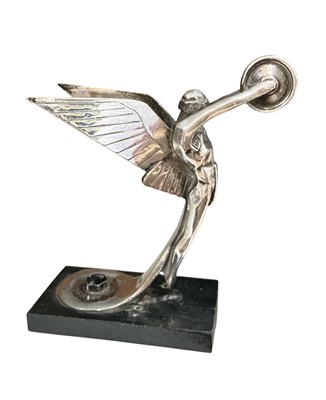 Lot 123 - Fine vintage silver plated Spirit of Triumph car mascot as used on Isotta Fraschini motor cars, mounted on a wooden base, 15cm in overall height