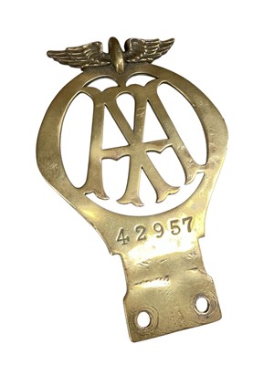 Lot 124 - Early 20th century brass AA members' badge No.42957, circa 1911