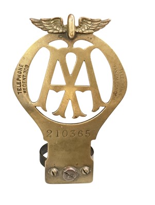 Lot 125 - 1920s brass AA members' badge No. 210365 with scarce radiator cap bracket, circa 1921