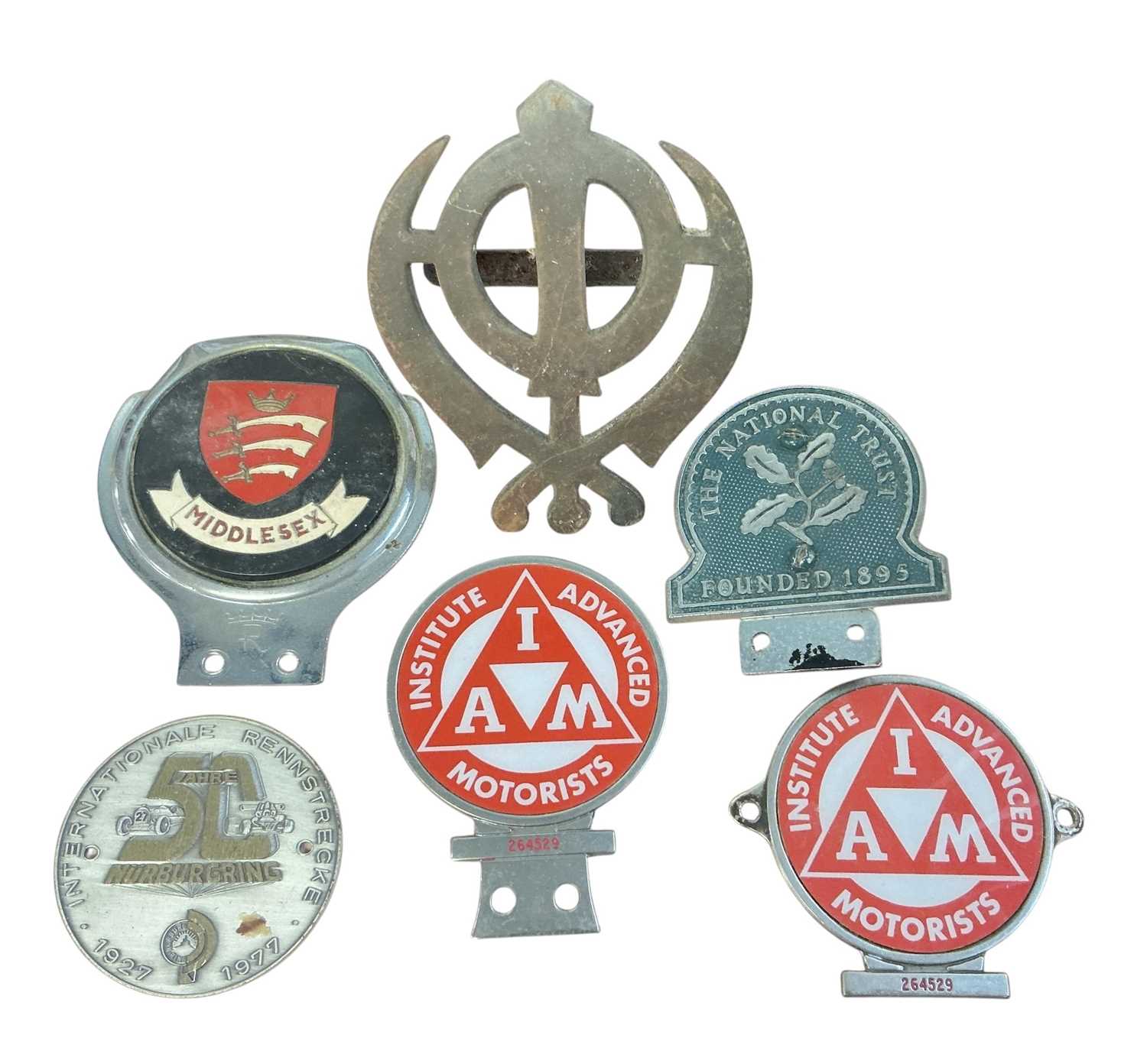 Lot 74 - Group of six various car grill badges to include The National Trust, Institute of Advanced Motorists (IAM) x2, and Middlesex (6)