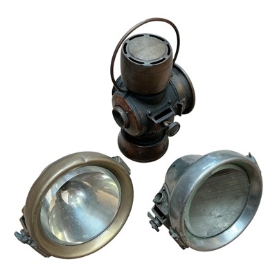 Lot 143 - Lucas King of the Road oil back lamp and two CAV side lights (incomplete) (3)