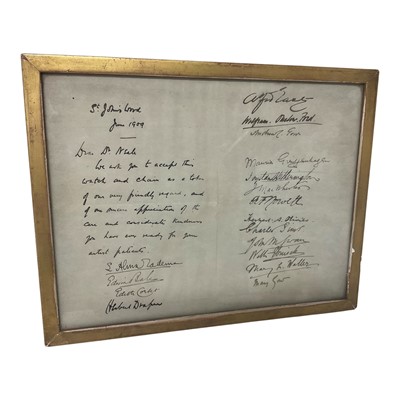 Lot 828 - Interesting Edwardian handwritten note signed by notable artists of the day, glazed frame