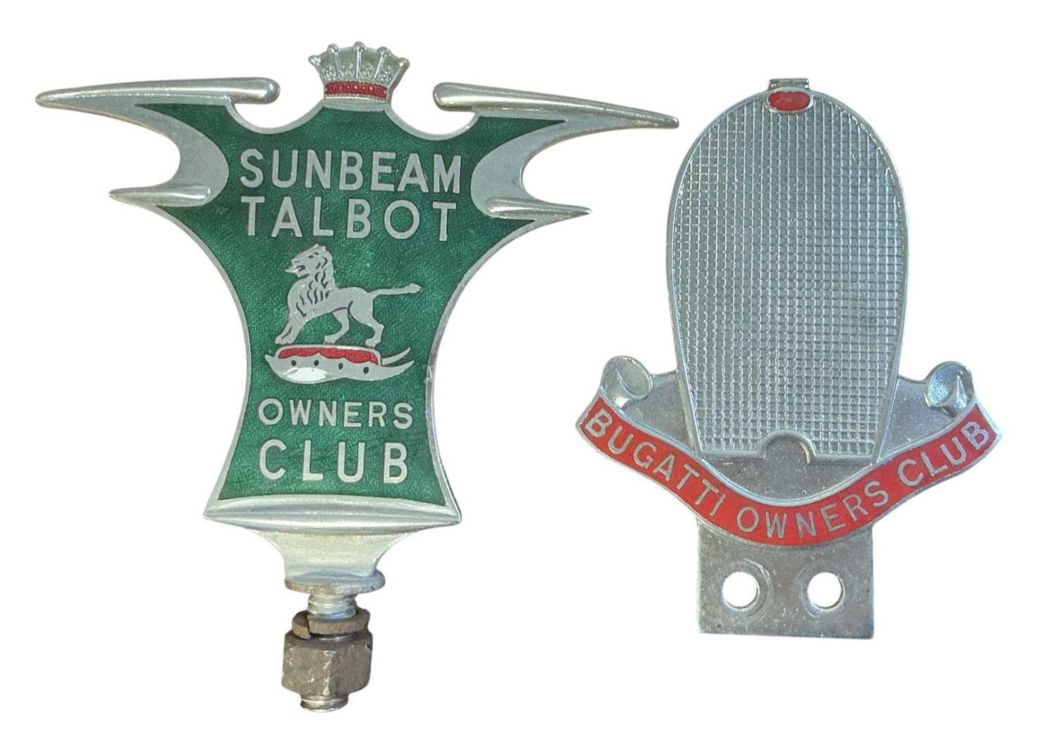 Lot 91 - Sunbeam Talbot Owners Club chromium and enamel members' badge, numbered A1700 to reverse, together with a Bugatti Owners Club badge (2)