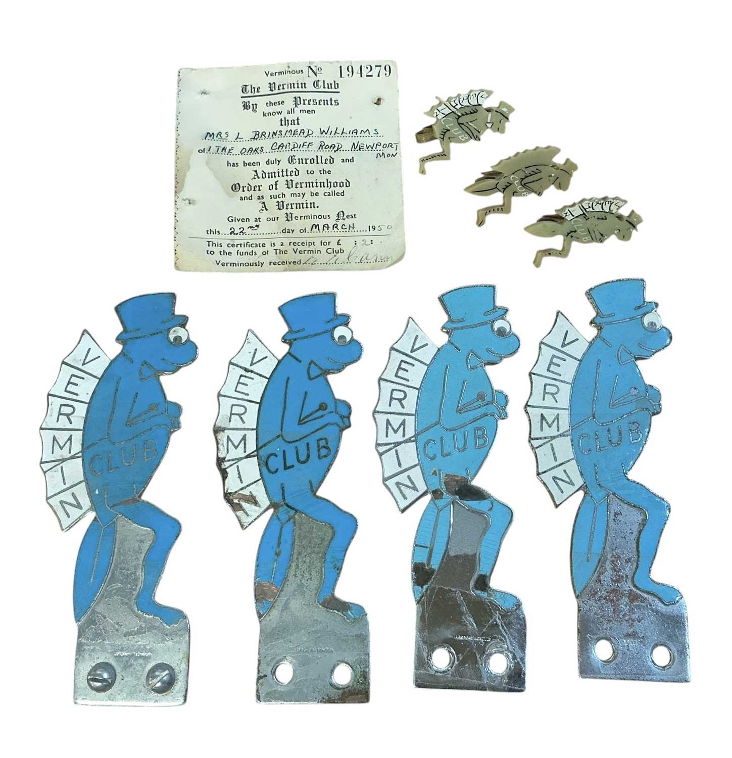 Lot 92 - Political Interest- The Vermin Club, four 1950s chromium and enamel car badges by J. R. Gaunt, London, together with three plastic members' badges and a membership card dated 1950. N.B....