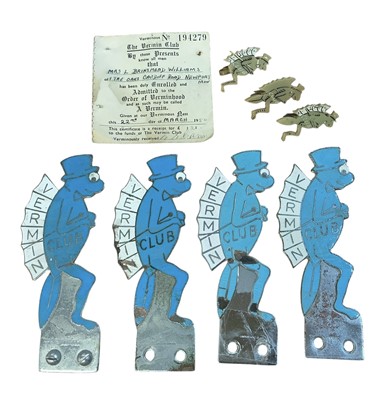 Lot 92 - Political Interest- The Vermin Club, four 1950s chromium and enamel car badges by J. R. Gaunt, London, together with three plastic members' badges and a membership card dated 1950. N.B....