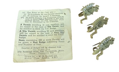 Lot 92 - Political Interest- The Vermin Club, four 1950s chromium and enamel car badges by J. R. Gaunt, London, together with three plastic members' badges and a membership card dated 1950. N.B....