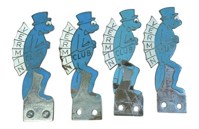 Lot 92 - Political Interest- The Vermin Club, four 1950s chromium and enamel car badges by J. R. Gaunt, London, together with three plastic members' badges and a membership card dated 1950. N.B....