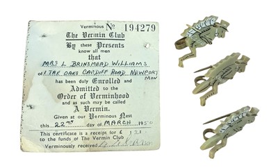 Lot 92 - Political Interest- The Vermin Club, four 1950s chromium and enamel car badges by J. R. Gaunt, London, together with three plastic members' badges and a membership card dated 1950. N.B....