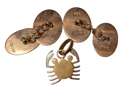 Lot 35 - Pair of 9ct rose gold cufflinks with engraved initials RB and a yellow and white metal crab pendant