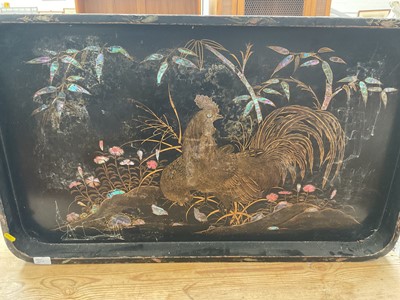 Lot 5320 - Late 19th century Japanese lacquered tray top table with cockerel decoration and mother o pearl decoration and Victorian papier-mâché mache tray (2)
