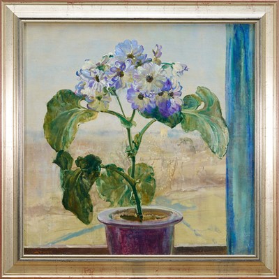 Lot *Amy Millar Watt (1900-1956) oil on canvas laid on board - Cinararia on a windowsill, Dedham church beyond, signed, 51cm square, framed