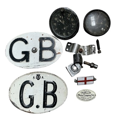 Lot 98 - Vintage AA branded GB plaque, another GB plaque, two car clocks and other items (1 box)