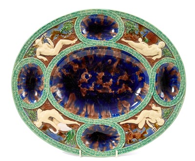 Lot Large Victorian majolica Palissy Renaissance seafood platter, possibly Minton, depicting the Roman gods Neptune