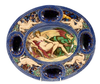 Lot Large Victorian majolica Palissy Renaissance seafood platter, possibly Minton, depicting Goddess of the sea