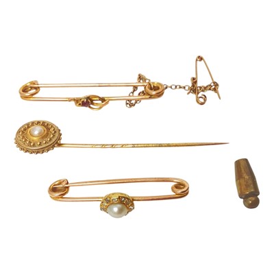 Lot 444 - Victorian 9ct gold cultured pearl and rose diamond bar brooch, Edwardian 9ct gold ruby bar brooch and a pearl stick pin (3)